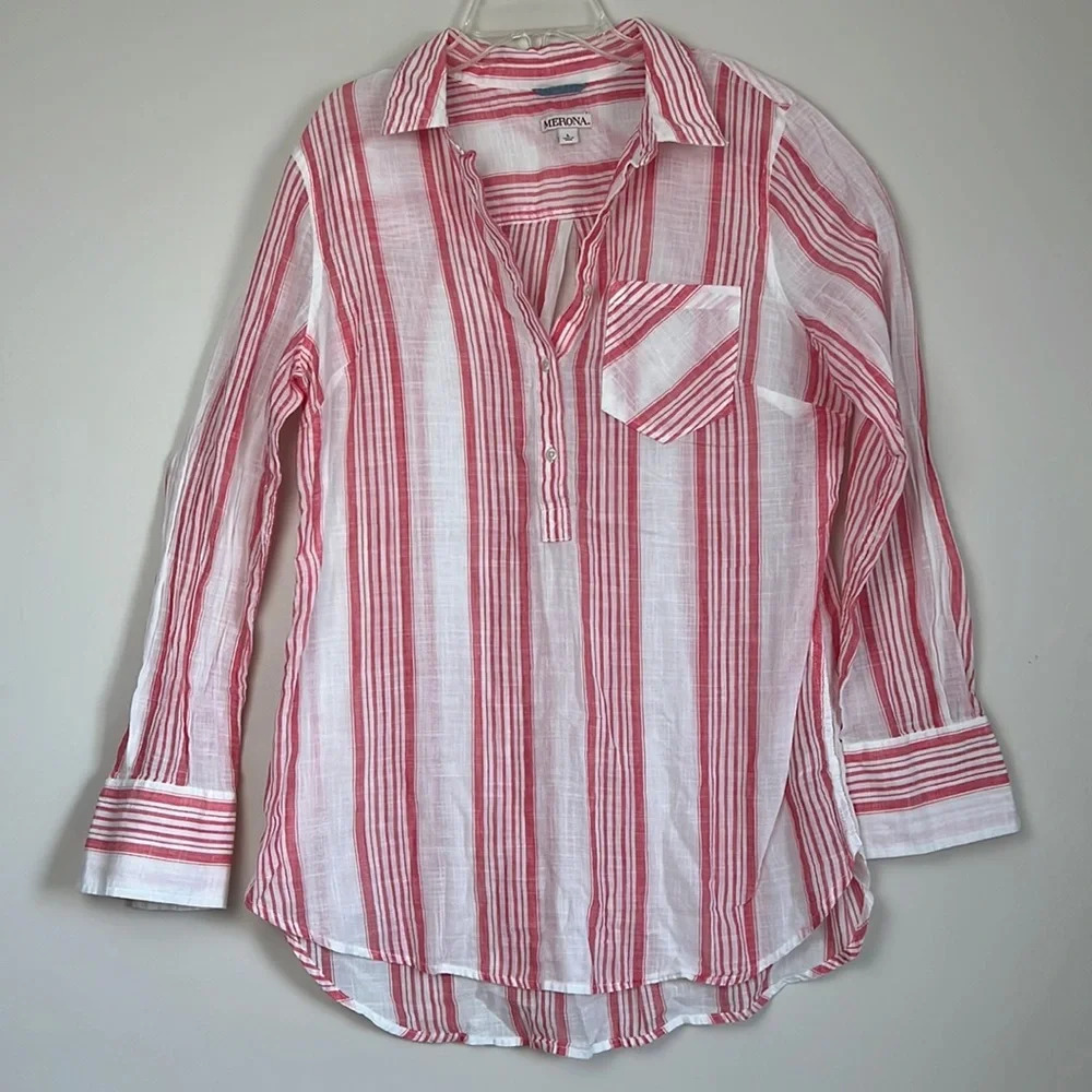 MERONA Red and White Striped Cotton Tunic Blouse Size L